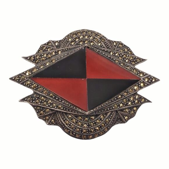 Vintage Brooch Art Nouveau Sterling Silver Black Red Enamel Marcasite Pin - Picture 1 of 12